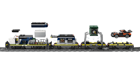 LEGO Police Train Heist train with locomotive, prison car, safe lifting frame and rally car flatcar shown side on