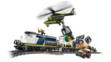 LEGO Police Train Heist action scene with helicopter lifting the safe from the train as the rally car drives beside the track