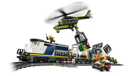 LEGO Police Train Heist action scene with helicopter lifting the safe from the train as the rally car drives beside the track