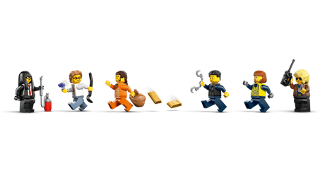 LEGO Police Train Heist minifigure lineup with 3 crooks, detective, police officer and train driver with accessories