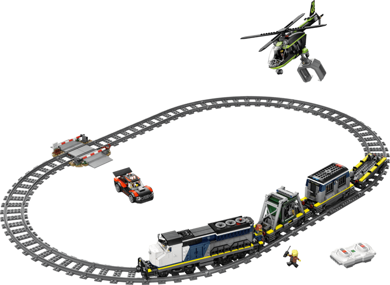 LEGO Police Train Heist train set with oval track, helicopter, rally car, train cars, re-railing track piece and remote control