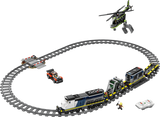LEGO Police Train Heist train set with oval track, helicopter, rally car, train cars, re-railing track piece and remote control
