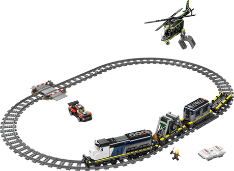 LEGO Police Train Heist train set with oval track, helicopter, rally car, train cars, re-railing track piece and remote control
