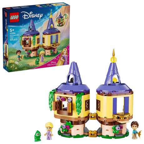 LEGO Rapunzel's Mini Tower box shown with completed tower, Rapunzel, Pascal and Flynn figures