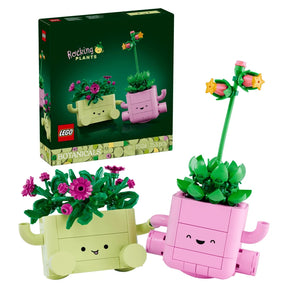 LEGO Rocking Plants box beside the two built plant models in smiling green and pink pots