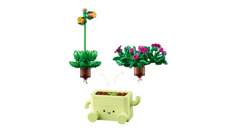 Two LEGO plant builds shown above the empty green and pink pots