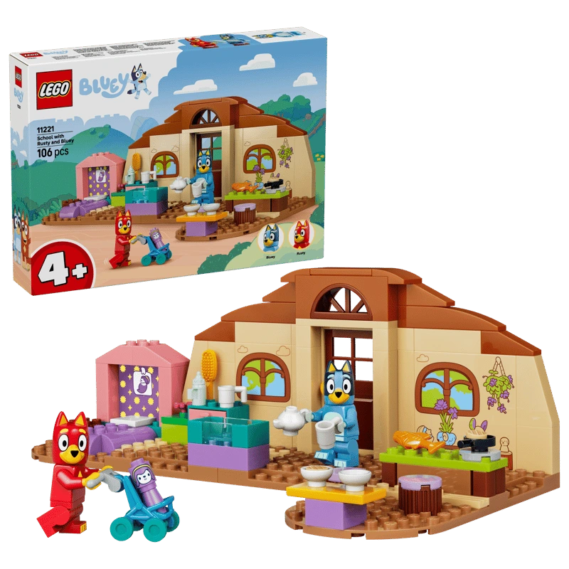 LEGO School with Rusty and Bluey 11221 box with school build, Bluey, Rusty, stroller and accessories