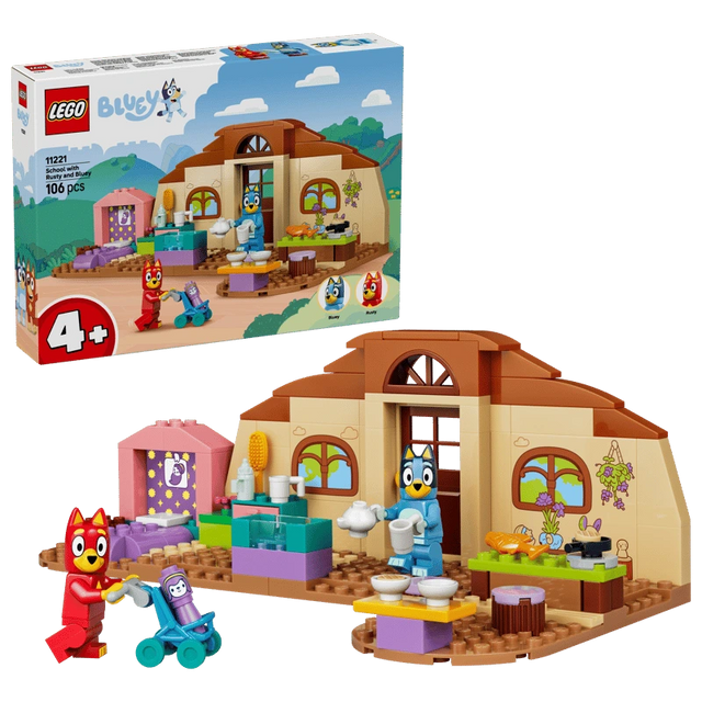LEGO School with Rusty and Bluey 11221 box with school build, Bluey, Rusty, stroller and accessories