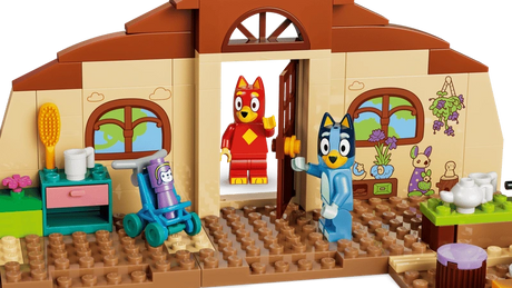 LEGO Bluey school classroom build with opening door, Bluey, Rusty and stroller