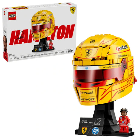 LEGO Scuderia Ferrari HP Lewis Hamilton Helmet box beside the finished helmet display and Lewis Hamilton minifigure on a white background