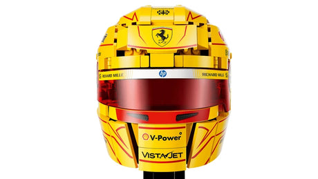 LEGO Scuderia Ferrari HP Lewis Hamilton Helmet display shown from the front left angle with the Lewis Hamilton minifigure on a white background