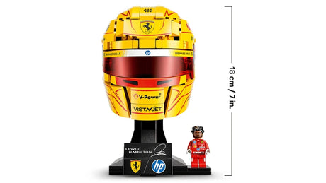 LEGO Scuderia Ferrari HP Lewis Hamilton Helmet display shown from the rear with the Lewis Hamilton minifigure on a white background