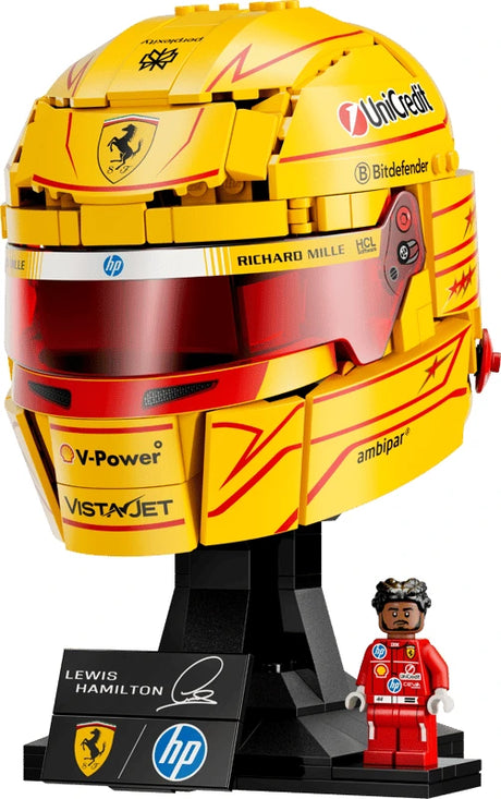 LEGO Scuderia Ferrari HP Lewis Hamilton Helmet shown from the front with height marker and Lewis Hamilton minifigure on a white background