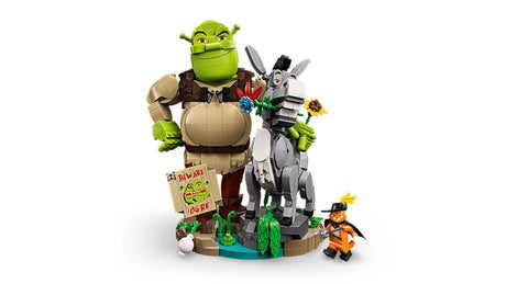 Front view of LEGO Shrek, Donkey & Puss in Boots 72423 featuring the three characters, swamp display base, sunflowers and Beware Ogre sign.
