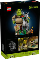 Rear of LEGO Shrek, Donkey & Puss in Boots 72423 retail box showing the completed model, Shrek film scenes and model dimensions.