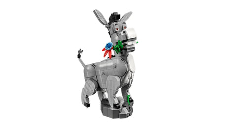 LEGO Shrek, Donkey & Puss in Boots 72423 close-up of the grey brick-built Donkey figure with upright ears and a colourful flower in its mouth.