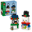 LEGO Snowman Ornaments 40812 box beside both built snowmen with their black hanging loops visible