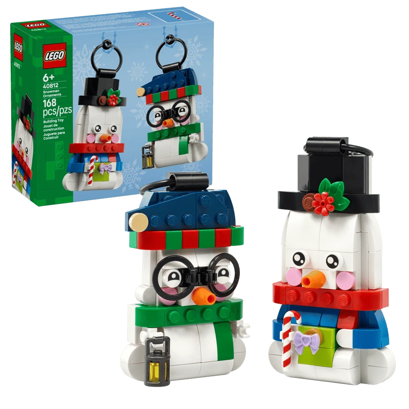 LEGO Snowman Ornaments 40812 box beside both built snowmen with their black hanging loops visible