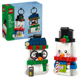LEGO Snowman Ornaments 40812 box beside both built snowmen with their black hanging loops visible