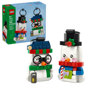 LEGO Snowman Ornaments 40812 box beside both built snowmen with their black hanging loops visible