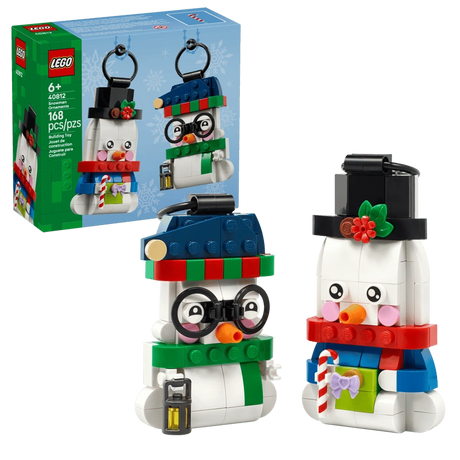 LEGO Snowman Ornaments 40812 box beside both built snowmen with their black hanging loops visible