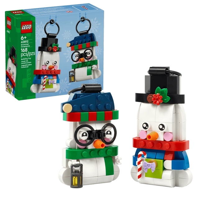 LEGO Snowman Ornaments 40812 box beside both built snowmen with their black hanging loops visible