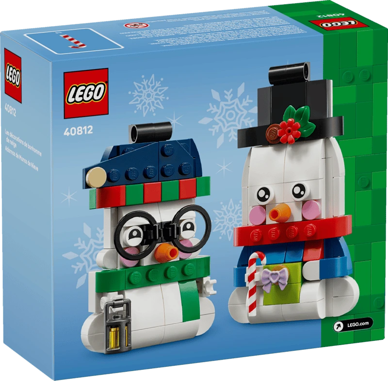 LEGO Snowman Ornaments 40812 box showing the two buildable snowmen, one with glasses and one in a black top hat