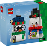 LEGO Snowman Ornaments 40812 box showing the two buildable snowmen, one with glasses and one in a black top hat