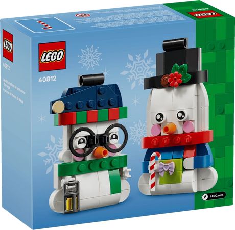 LEGO Snowman Ornaments 40812 box showing the two buildable snowmen, one with glasses and one in a black top hat