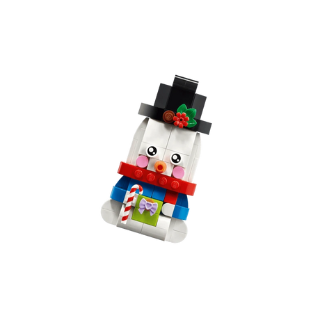 LEGO snowman ornament in a black top hat and red scarf holding a candy cane and green gift