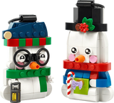 LEGO Snowman Ornaments 40812 with a glasses-wearing snowman holding a lantern and a top-hat snowman holding a gift
