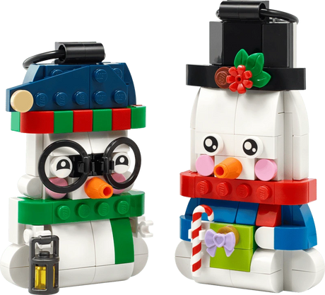LEGO Snowman Ornaments 40812 with a glasses-wearing snowman holding a lantern and a top-hat snowman holding a gift
