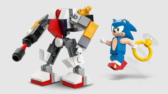 Sonic figure collecting LEGO gold rings while chased by robot