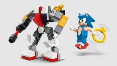 Sonic figure collecting LEGO gold rings while chased by robot