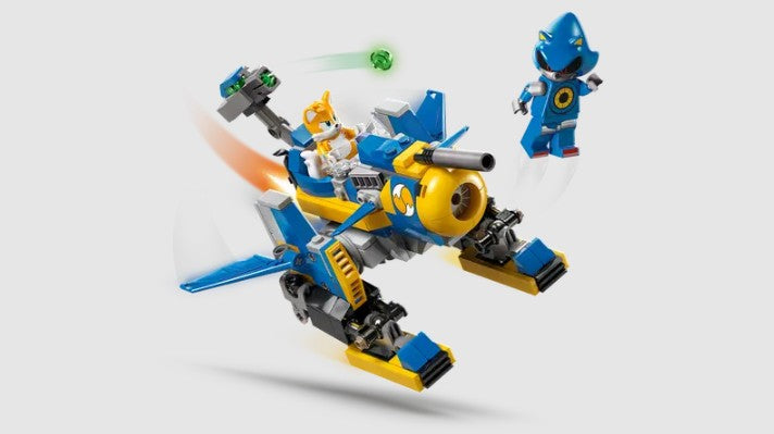 LEGO Sonic Cyclone mech flying in battle with Metal Sonic