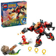 LEGO Egg Crusher Mech with Dr. Eggman in the cockpit, Knuckles on the white board, catapult, three Gold Rings and brown boulder