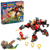 LEGO Egg Crusher Mech with Dr. Eggman in the cockpit, Knuckles on the white board, catapult, three Gold Rings and brown boulder