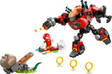 LEGO Sonic the Hedgehog 77005 box beside the Egg Crusher Mech, Knuckles, Dr. Eggman, catapult, boulder and three Gold Rings