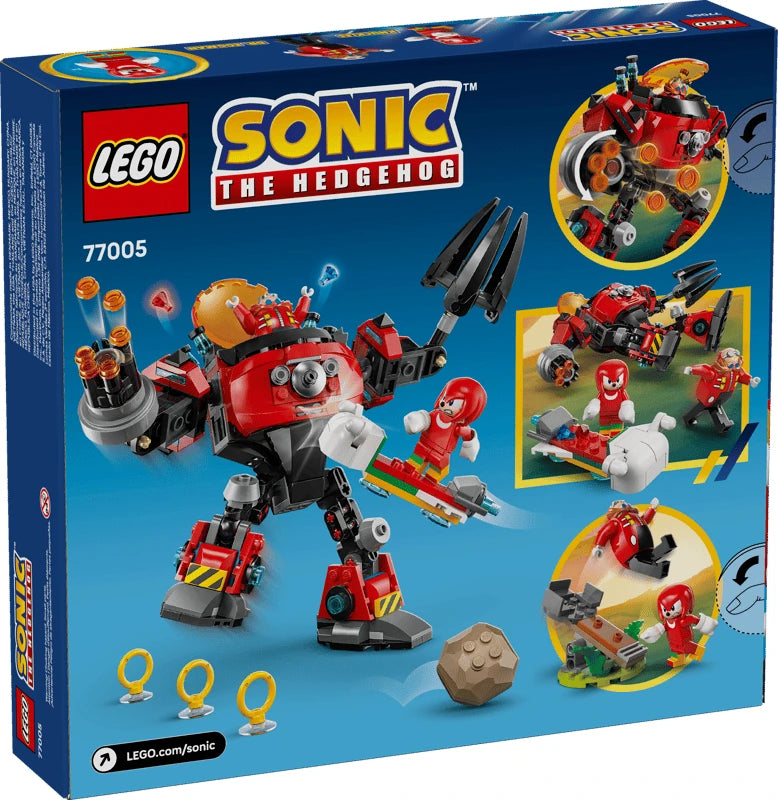 LEGO Sonic the Hedgehog 77005 packaging showing the Egg Crusher Mech, Knuckles, Dr. Eggman, three Gold Rings and a brown boulder