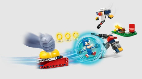 LEGO Sonic fired from speed launcher toward G.U.N. Beetle and G.U.N. Hunter bots