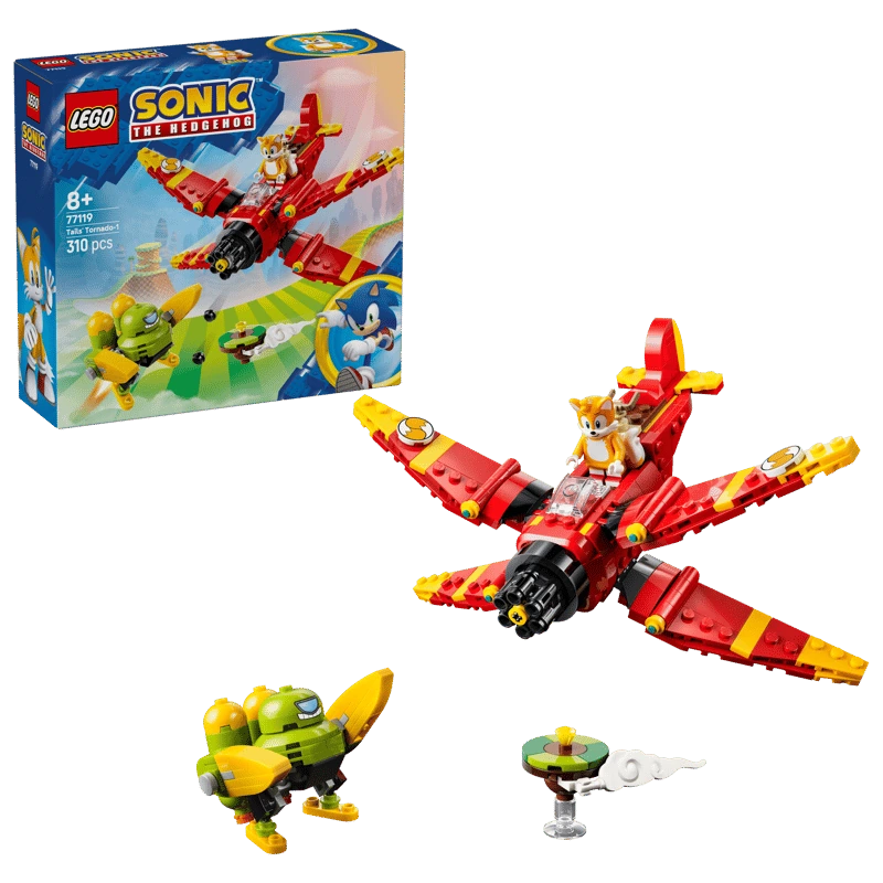 LEGO Sonic the Hedgehog Tails' Tornado-1 77119 box beside the completed biplane, Egg Chaser and floating island 