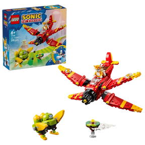LEGO Sonic the Hedgehog Tails' Tornado-1 77119 box beside the completed biplane, Egg Chaser and floating island 
