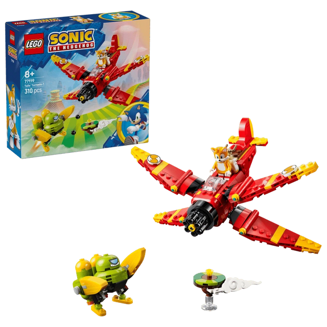 LEGO Sonic the Hedgehog Tails' Tornado-1 77119 box beside the completed biplane, Egg Chaser and floating island 