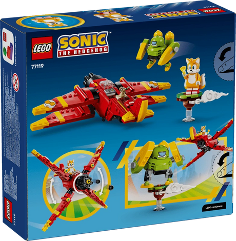 Back of the LEGO Sonic the Hedgehog Tails' Tornado-1 77119 box showing the red biplane, Tails, Egg Chaser and wing movement images