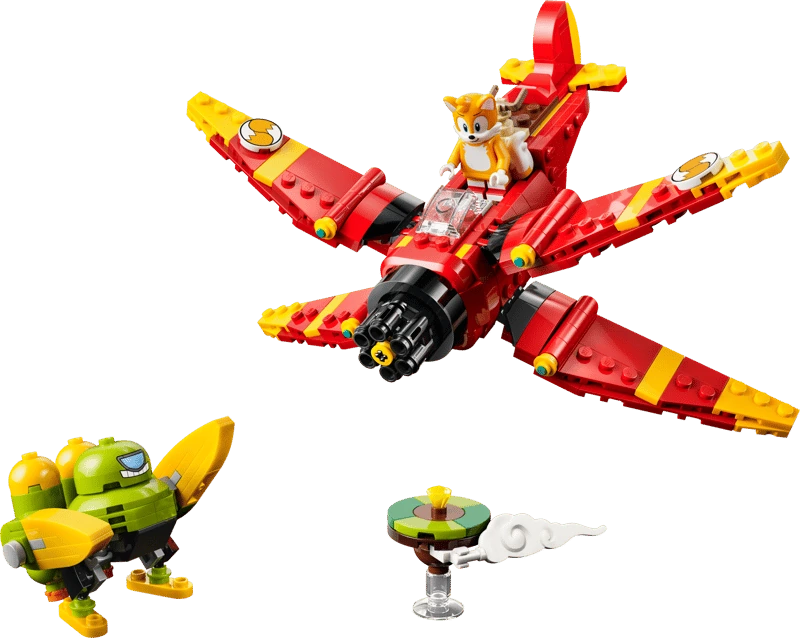Completed LEGO Sonic the Hedgehog Tails' Tornado-1 77119 set with the red biplane, Tails, Egg Chaser and floating island