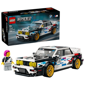 LEGO Speed Champions BMW M3 (E30) 77263 box beside the completed car and BMW driver minifigure 