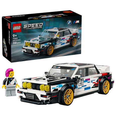 LEGO Speed Champions BMW M3 (E30) 77263 box beside the completed car and BMW driver minifigure 