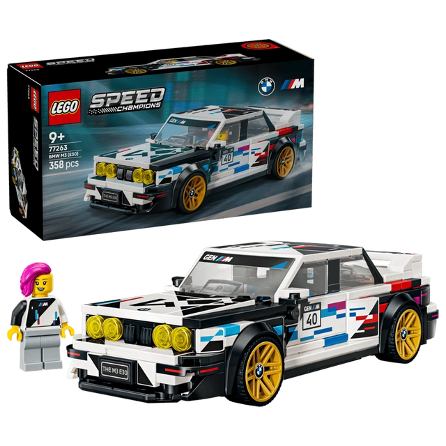 LEGO Speed Champions BMW M3 (E30) 77263 box beside the completed car and BMW driver minifigure 