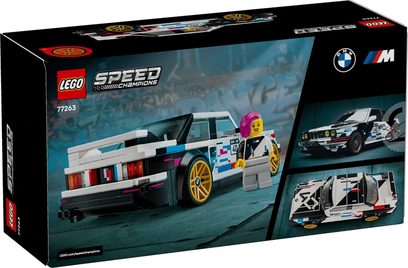 Back of the LEGO Speed Champions BMW M3 (E30) 77263 box showing the completed car and additional model views
