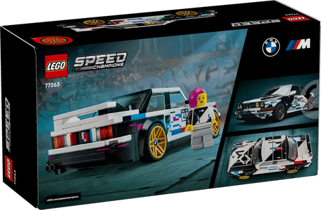 Back of the LEGO Speed Champions BMW M3 (E30) 77263 box showing the completed car and additional model views
